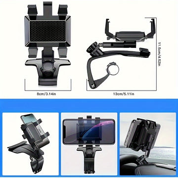 Soporte para Teléfono Móvil de Coche, Soporte Multifuncional para Salpicadero con Clip Ajustable 360°, Compatible con Smartphones de 3 a 17.78 cm