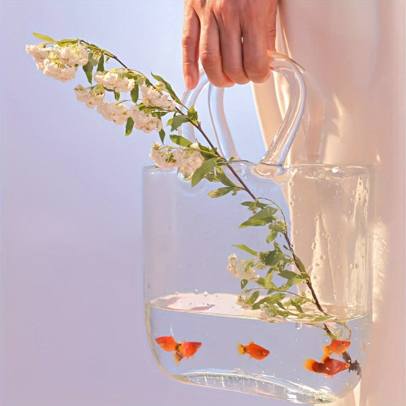 [Jarrón nórdico elegante] Jarrón de vidrio estilo nórdico elegante con asa, transparente, decoración versátil para sala, ideal para flores frescas y secas, sin necesidad de electricidad