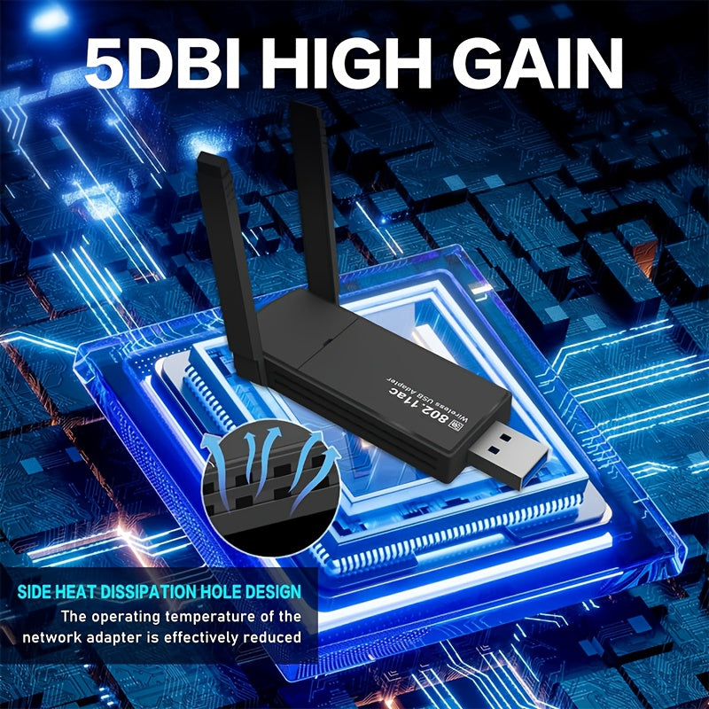 Adaptador sin varillas para PC de Escritorio Adaptador de Red USB 1300Mbps con Antena Doble Banda de Alta Ganancia Integrada 5G/2.4G - ¡Conecta y Usa inmediatamente tu PC con WiFi y función de punto de acceso móvil compatible con Windows 10/11!