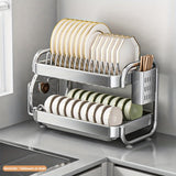 Organizador de Cocina de Acero Inoxidable de Doble Capa - Estante Duradero para Escurrir Platos y Utensilios para Encimeras, Plateado