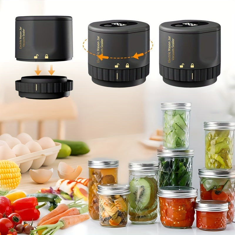 Sellador al Vacío Eléctrico para Tarros Mason, Adecuado para Tarros Mason de Boca Ancha y Boca Regular, para Almacenar Alimentos Secos, Incluye 5 Tapas para Tarros Mason de Boca Ancha y 5 de Boca Regular (Negro)
