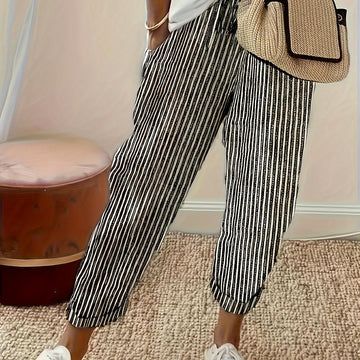 Pantalones Holgados Estampados De Rayas, Pantalones Informales De Cintura Elástica Para El Día A Día, Ropa De Mujer