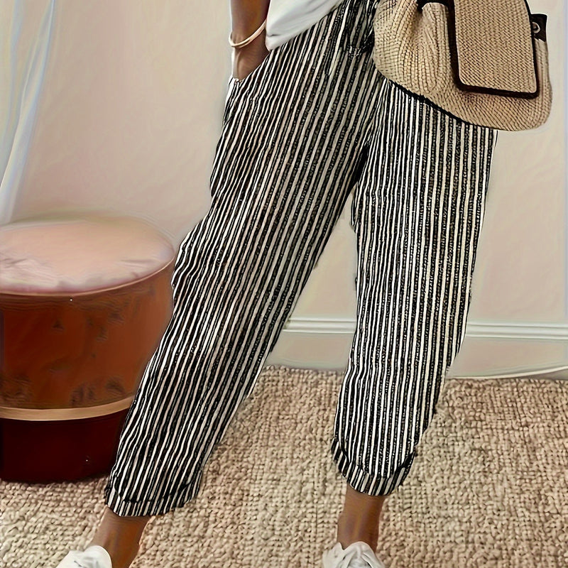 Pantalones Holgados Estampados De Rayas, Pantalones Informales De Cintura Elástica Para El Día A Día, Ropa De Mujer