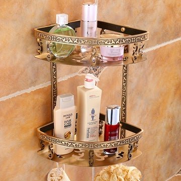 Elegante estante de ducha de esquina con acabado de latón estilo europeo antiguo - Soporte de almacenamiento de pared de aluminio para baño, diseños florales decorativos, no incluye tuberías metálicas, decoración y accesorios para el baño.