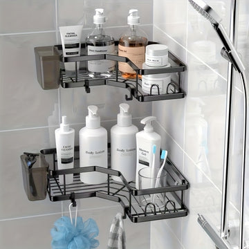 1 pieza de estante de ducha de esquina de acero inoxidable, soporte de organización montado en la pared, ganchos de almacenamiento modernos, no se requiere taladrar, adecuado para baños, dormitorios, cocinas y duchas de RV, organización y almacenamiento