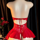 Body sexy rojo de encaje con tirantes al cuello, vestido mini sin espalda con corte tanga, diseño floral y detalles fruncidos para citas o conquista