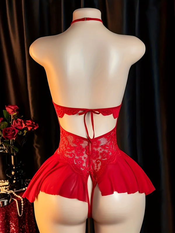 Body sexy rojo de encaje con tirantes al cuello, vestido mini sin espalda con corte tanga, diseño floral y detalles fruncidos para citas o conquista