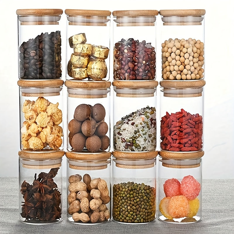 Juego de 12 Tarros Redondos para Especias de Vidrio de 6oz/9oz con Tapas de Bambú Selladas, Bolígrafo y Etiquetas, Cepillo de Limpieza para Organización de Alimentos en la Cocina - Bolsitas de Té, Granos de Café, Dulces, Galletas