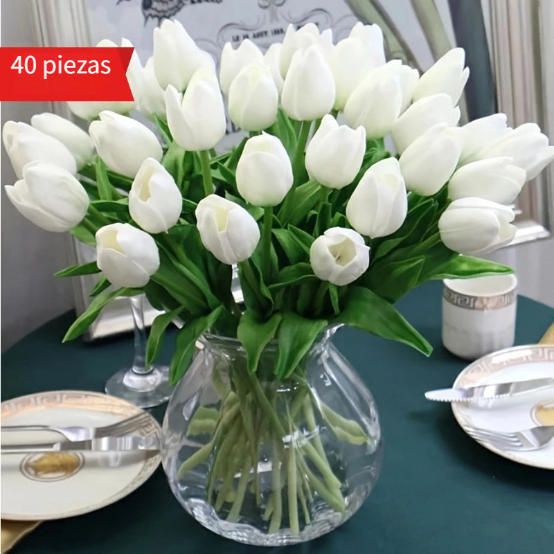 40pcs Flores de Tulipán Artificiales, Ramo de Tulipán Falso Blanco, Flores de Plástico con Tacto Realista para Hogar, Oficina, Boda, Compromiso, Decoración de Primavera, Día de San Patricio, Decoración de Pascua