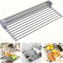 1 unidad de rejilla de drenaje plegable de acero inoxidable, rejilla de filtro de agua, persiana enrollable de fregadero, tazón y palillos, estantería para frutas y verduras, estantería de cocina, rejilla de drenaje plegable, gadgets de cocina, utensilio