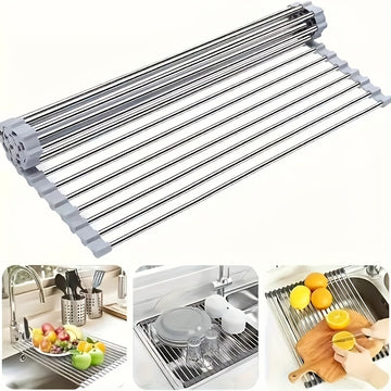 1 unidad de rejilla de drenaje plegable de acero inoxidable, rejilla de filtro de agua, persiana enrollable de fregadero, tazón y palillos, estantería para frutas y verduras, estantería de cocina, rejilla de drenaje plegable, gadgets de cocina, utensilio