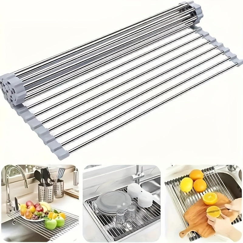 1 unidad de rejilla de drenaje plegable de acero inoxidable, rejilla de filtro de agua, persiana enrollable de fregadero, tazón y palillos, estantería para frutas y verduras, estantería de cocina, rejilla de drenaje plegable, gadgets de cocina, utensilio