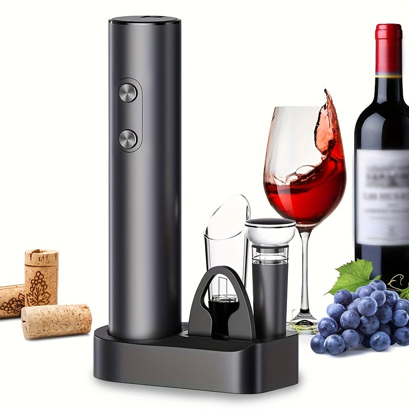 Juego de Abrebotellas Eléctrico Automático de 5 Piezas, Cortador de Papel Aluminio, Tapones y Base de Almacenamiento - Funciona con Batería Seca, Requiere 4 Pilas AAA (No Incluidas) - Corcho para Mantenimiento del Vacío Fresco, Vertedor, Juego de Vajilla