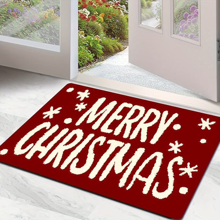 1 alfombra de feliz Navidad con diseño de copo de nieve, antideslizante, lavable a máquina, de poliéster rojo y blanco para decoración navideña interior/exterior, ideal para entrada, baño o fiestas navideñas, decoración de puerta navideña, alfombra de bi