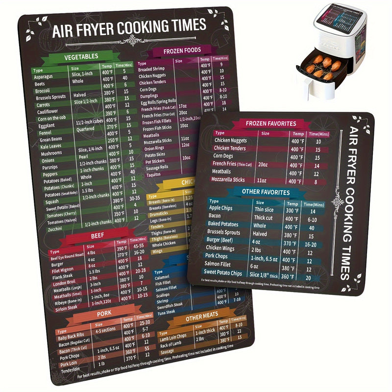 Juego de 2 hojas magnéticas para freidora de aire, accesorios para freidora de aire con tiempos de cocción, guía de referencia rápida en hoja magnética para cocinar y freír