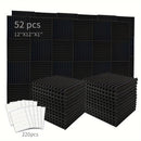 [52 piezas, espuma acústica] 52 piezas de espuma acústica negra para insonorización | Paneles en forma de cuña de 30.48 cm x 30.48 cm x 2.54 cm con adhesivo doble cara, ideal para reducir ruido en dormitorios, estudios y oficinas