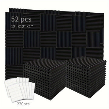 [52 piezas, espuma acústica] 52 piezas de espuma acústica negra para insonorización | Paneles en forma de cuña de 30.48 cm x 30.48 cm x 2.54 cm con adhesivo doble cara, ideal para reducir ruido en dormitorios, estudios y oficinas
