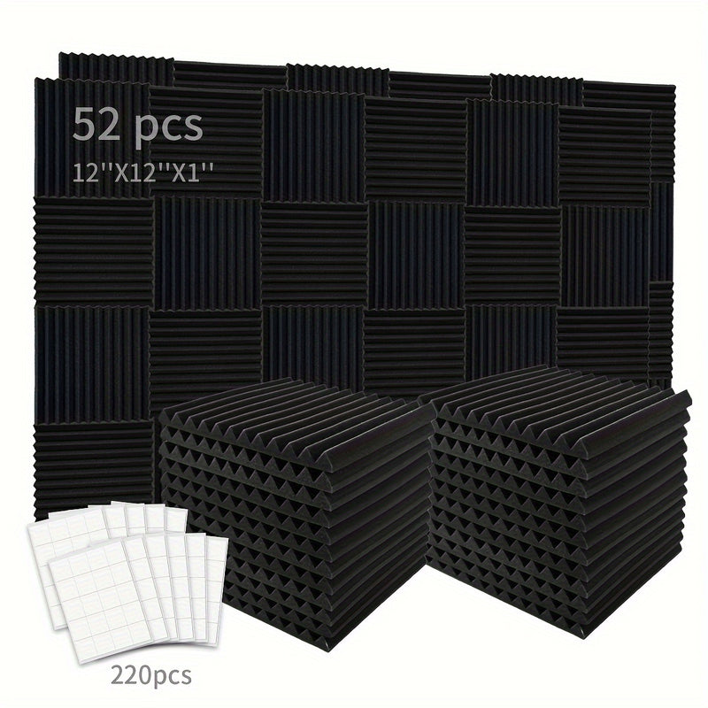 [52 piezas, espuma acústica] 52 piezas de espuma acústica negra para insonorización | Paneles en forma de cuña de 30.48 cm x 30.48 cm x 2.54 cm con adhesivo doble cara, ideal para reducir ruido en dormitorios, estudios y oficinas