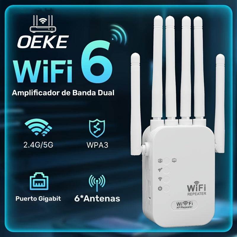 Amplificador de red WiFi 6 dual band OEKE - Cobertura de 2743,2 metros, soporte para 35 dispositivos, 6 antenas, WPA3, puerto de gigabit, configuración fácil, 4 modos, blanco, amplificador de red WiFi, aumento de red en casa, diseño de tecnología moderna