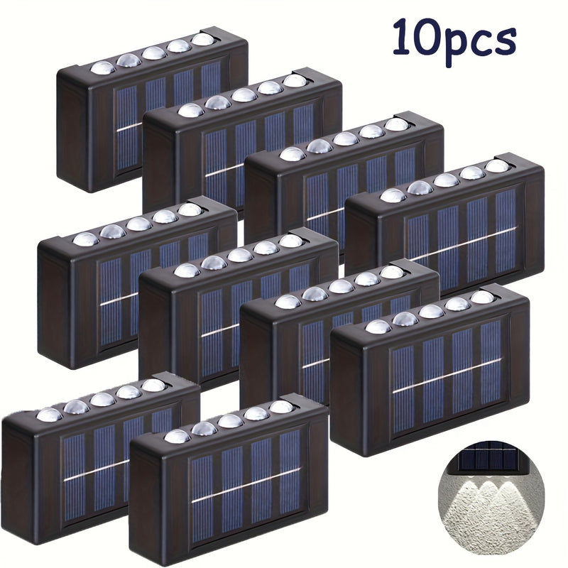 6/8/10pcs Luces de pared de LED alimentadas por energía solar, decoración de pared exterior IP44 con brillo cálido amarillo, ideal para hogar, jardín, valla, patio - Montaje semi empotrado, carcasa de plástico, batería de níquel cargada por energía solar