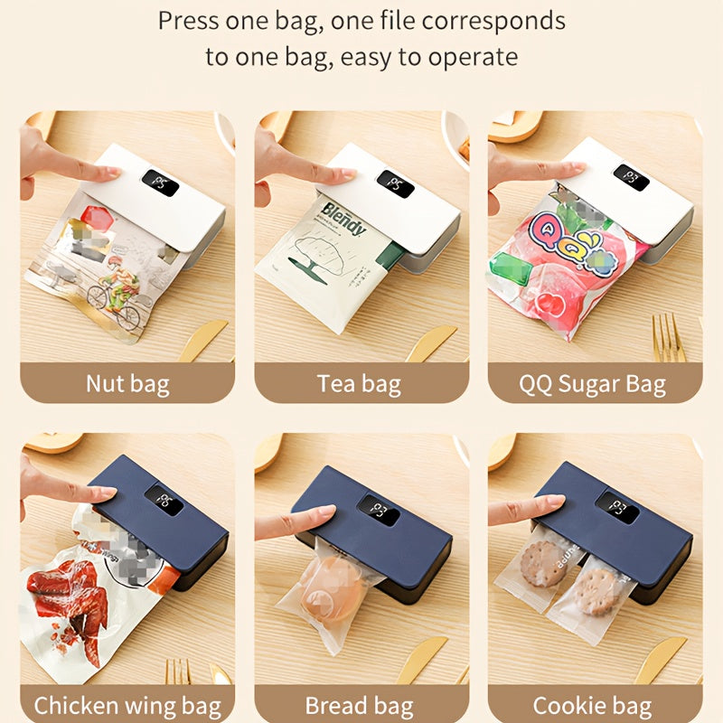 Máquina de sellado portátil compacta con 6 ajustes ajustables, recargable por USB, batería de litio, sellado rápido para bolsas de snacks, a prueba de humedad y olores, ideal para viajes y pícnic, sellador de cocina | Sellador portátil | Dispositivo reca