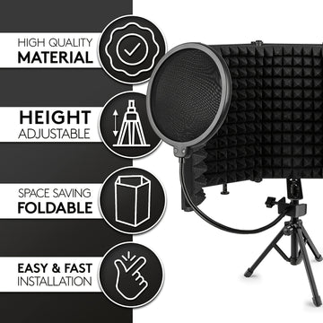 Escudo aislante para micrófono de estudio con trípode, espuma absorbente de alta densidad para filtrado vocal, escudo de sonido plegable para micrófono condensador, ideal para música, podcasts, canto y transmisiones, equipo de grabación | Diseño plegable
