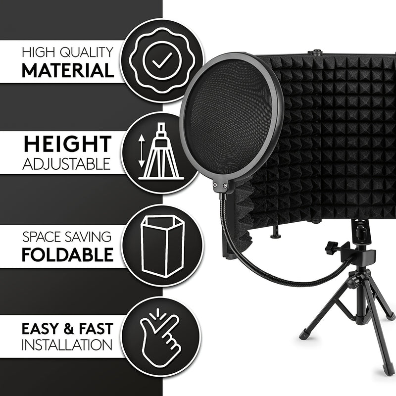 Escudo aislante para micrófono de estudio con trípode, espuma absorbente de alta densidad para filtrado vocal, escudo de sonido plegable para micrófono condensador, ideal para música, podcasts, canto y transmisiones, equipo de grabación | Diseño plegable
