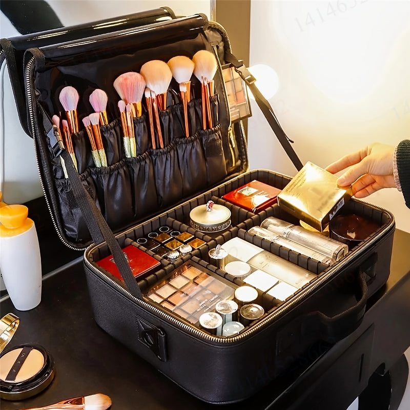 1pc Estuche Organizador de Maquillaje Impermeable de Gran Capacidad con Compartimentos Ajustables, Porta Brochas Desmontable y Espejo, Múltiples Bolsillos para Viajes, Uso Diario y Profesional