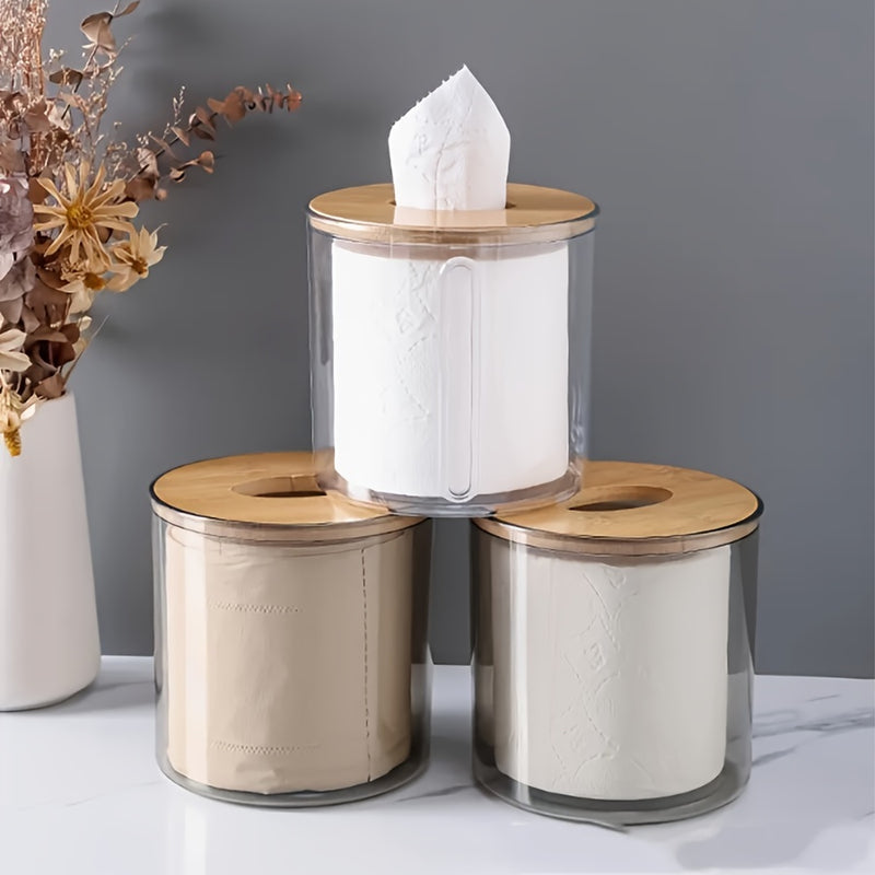 Caja de Pañuelos Transparente Redonda con Tapa de Bambú, Contenedor de Almacenamiento de Plástico para Baño y Sala de Estar, Creativo, para Escritorio, Papel Higiénico