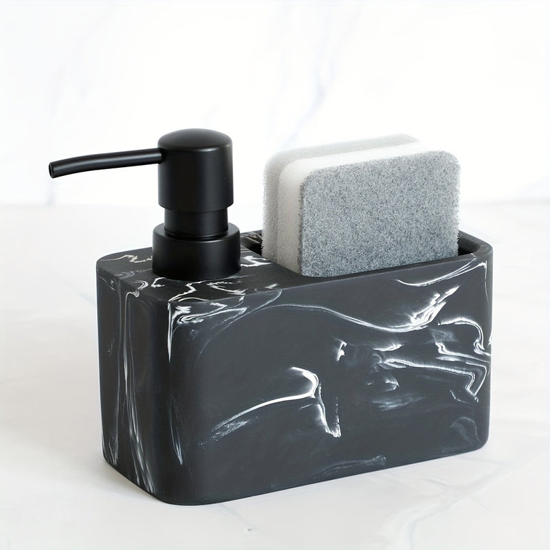 Dispensador de jabón con diseño de mármol en blanco y negro y portaesponja, ideal para decorar el baño