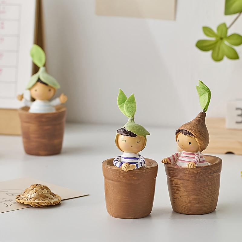 4 piezas de dibujos animados lindos de resina sentados en macetas de flores - Serie de bosque rústico, figuras decorativas para sala de estar, dormitorio, escritorio de oficina - Regalos pequeños ideales