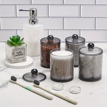Juego de 4 frascos de plástico transparentes de 12 oz y 10 oz, organizadores y contenedores de almacenamiento para baño, bolas, hisopos, almohadillas redondas, hilo dental, con tapa