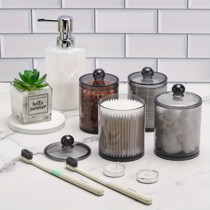 Juego de 4 frascos de plástico transparentes de 12 oz y 10 oz, organizadores y contenedores de almacenamiento para baño, bolas, hisopos, almohadillas redondas, hilo dental, con tapa