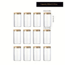 Un conjunto de doce frascos redondos transparentes con tapas de bambú, fabricados con vidrio de borosilicato de alta calidad, adecuados para almacenar granos, frijoles de café y hojas de té, con capacidades de 210 ml, 280 ml y 340 ml.