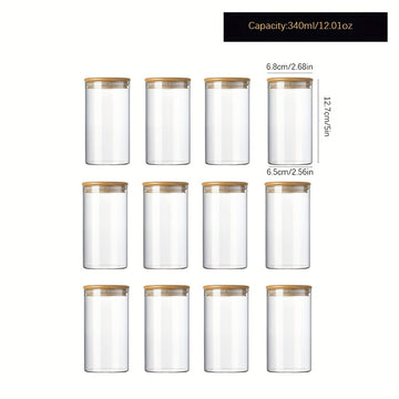 Un conjunto de doce frascos redondos transparentes con tapas de bambú, fabricados con vidrio de borosilicato de alta calidad, adecuados para almacenar granos, frijoles de café y hojas de té, con capacidades de 210 ml, 280 ml y 340 ml.