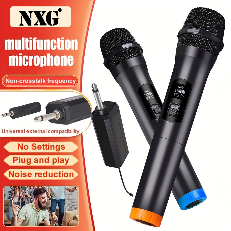 Microfono Inalámbrico NXG de Mano con Reducción de Ruido y Control de Volumen, Modo Doble Profesional UHF para Karaoke, Actuaciones en Iglesias y Reuniones, Alimentado por USB o Batería (2 Canales)