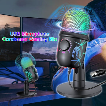 Microfono para Juegos USB-A, Micrófono de Condensador para PC/MAC/PS4/PS5/Teléfono - Cardióide con Iluminación RGB