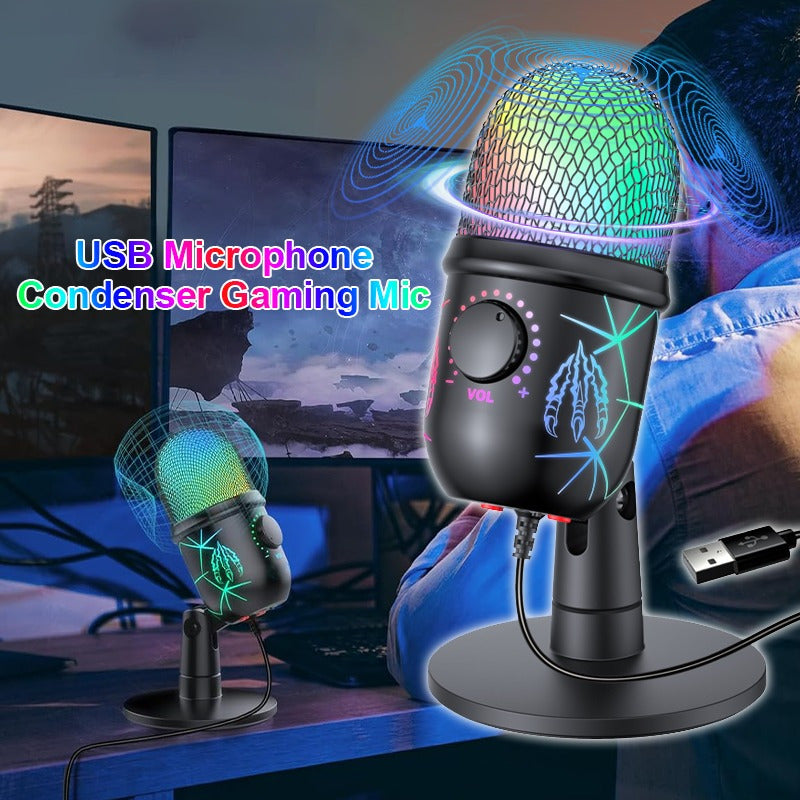 Microfono para Juegos USB-A, Micrófono de Condensador para PC/MAC/PS4/PS5/Teléfono - Cardióide con Iluminación RGB