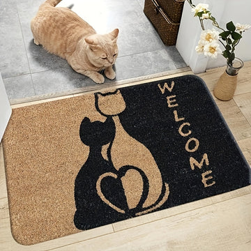 -1pc Felpudo de Bienvenida con Patrón de Gato, Poliéster Antideslizante Fácil de Limpiar Alfombra de Entrada Adecuada para Baño Cocina Comedor Sala de Estar Dormitorio, Jardín