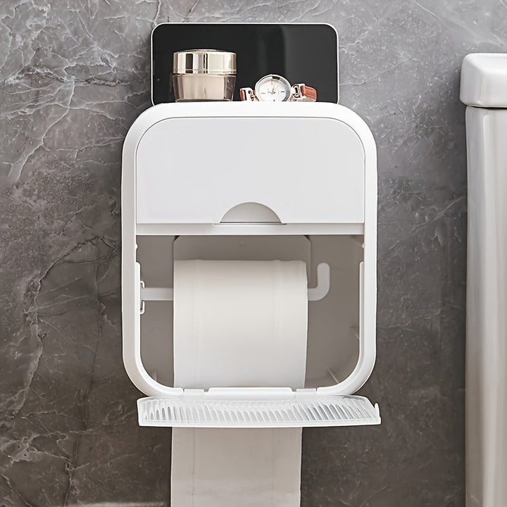 Dispensador de pañuelos montado en pared con estante de almacenamiento, soporte de papel higiénico de baño rectangular de plástico impermeable - Blanco, Decoraciones de Halloween, Navidad