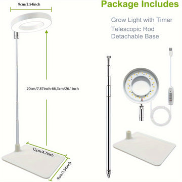 Luz de Cultivo LED Ajustable con Espectro Completo, Alimentada por USB, Anillo de 4 Cabezas para Plantas de Interior y Suculentas - Incluye Temporizador Automático (2/4/8 H)