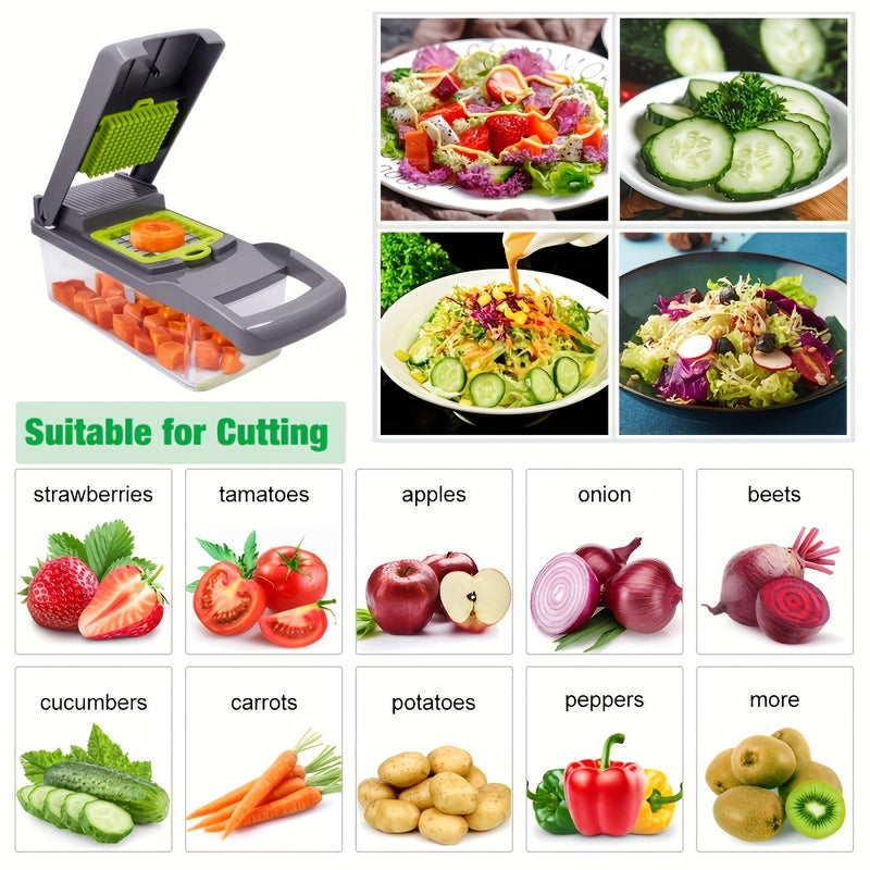 Juego de picadora de verduras 16 en 1 | 8 cuchillas, contenedor, pelador y filtro | Preparación fácil de comidas, cebolla profesional, zanahoria y picadora de ajo, suministros de cocina