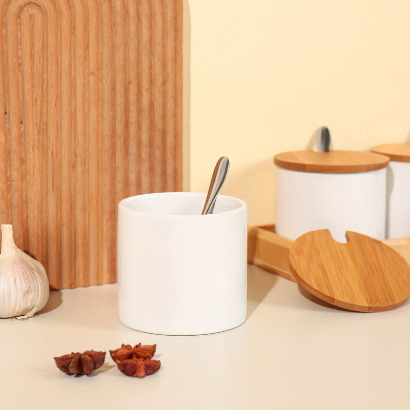 Juego de frascos de especias de almacenamiento de madera con tapas de bambú, contenedores de especias de pimienta, sal y azúcar para encimera de cocina con cucharas, estilo minimalista japonés.