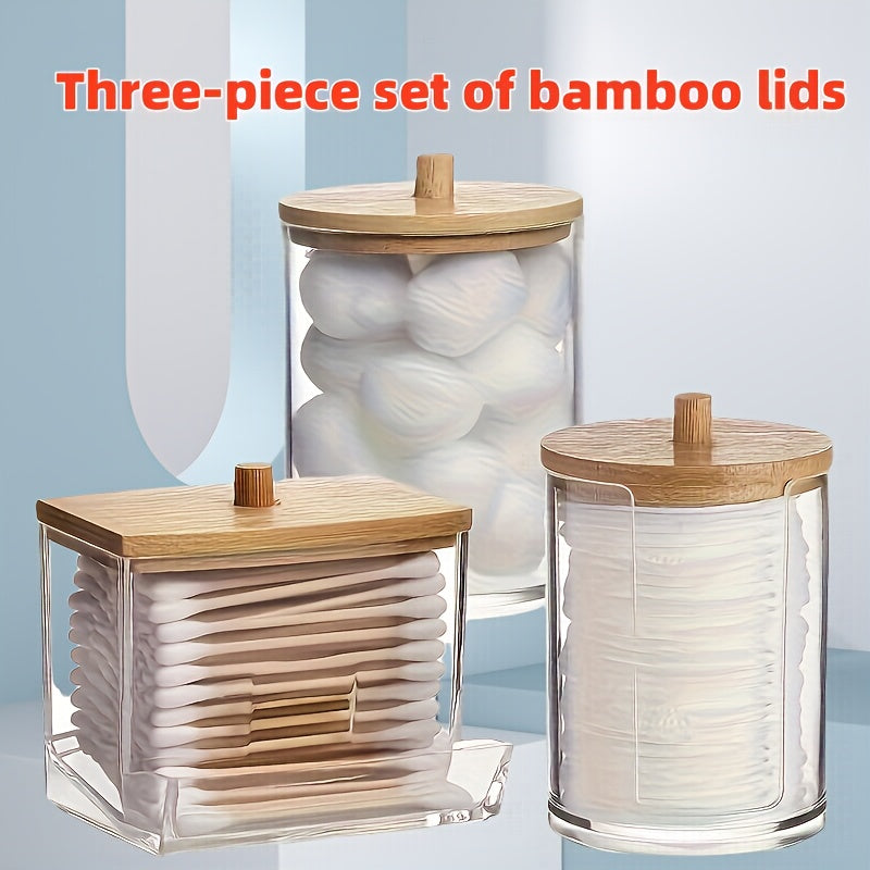 Juego de 3 cajas para hisopos de algodón con tapa de bambú, almacenamiento de bolitas de algodón acrílico transparente, discos desmaquillantes y palillos de hilo dental - Dispensador multifuncional para baño, esencial para organización del hogar, diseño