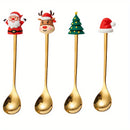 Juego de 4 Cucharas de Café Navideñas - Acero Inoxidable, Diseños de Santa y Reno para Cenas Festivas