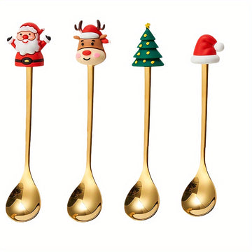 Juego de 4 Cucharas de Café Navideñas - Acero Inoxidable, Diseños de Santa y Reno para Cenas Festivas