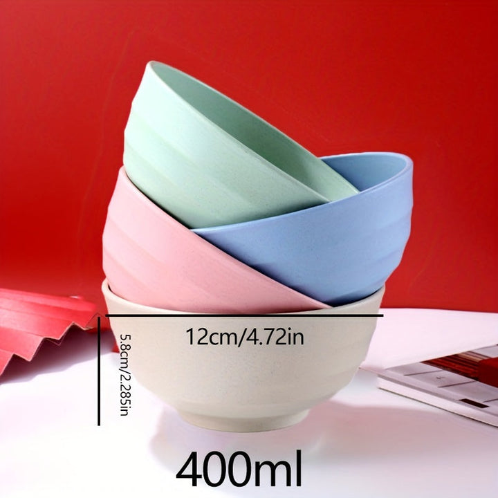 Juego de 4 piezas, Tazones de paja de trigo reutilizables, ovalados de 12 cm, seguros para microondas y resistentes a golpes, para uso en casa y al aire libre, perfectos para sopa, snacks, ensalada, cena, utensilios de cocina, patrón rayado, forma redond