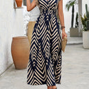 Vestido Maxi con Estampado Geométrico y Escote en V para Mujer 2025 - Vestido Largo A-Line Fluido con Patrón de Zigzag Azul Marino, Lavable a Máquina, Casual para Primavera Verano, Vestidos de Boda Playa para Novias, Tela Duradera