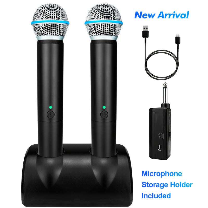 Micrófono inalámbrico doble digital dinámico con micrófono y receptor recargables, alcance de 48.77 metros, para cantar, karaoke, reuniones, iglesia, bodas, incluye soporte de almacenamiento