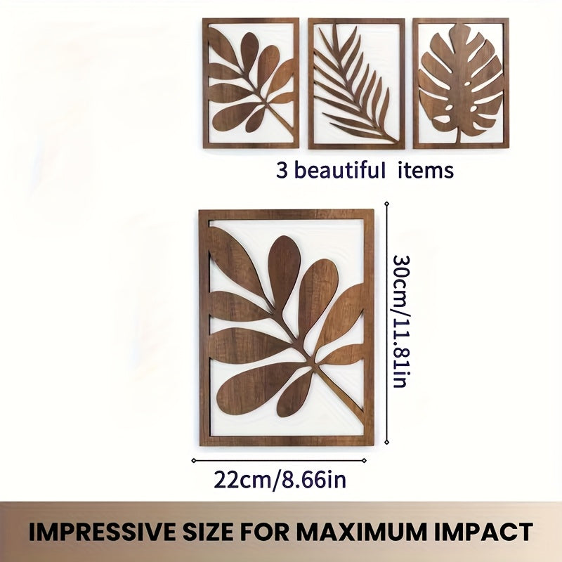 Juego de 3 esculturas de pared rústicas, arte de pared grande para decoración del hogar en sala de estar, dormitorio, oficina, fácil de instalar, patrón de hojas.